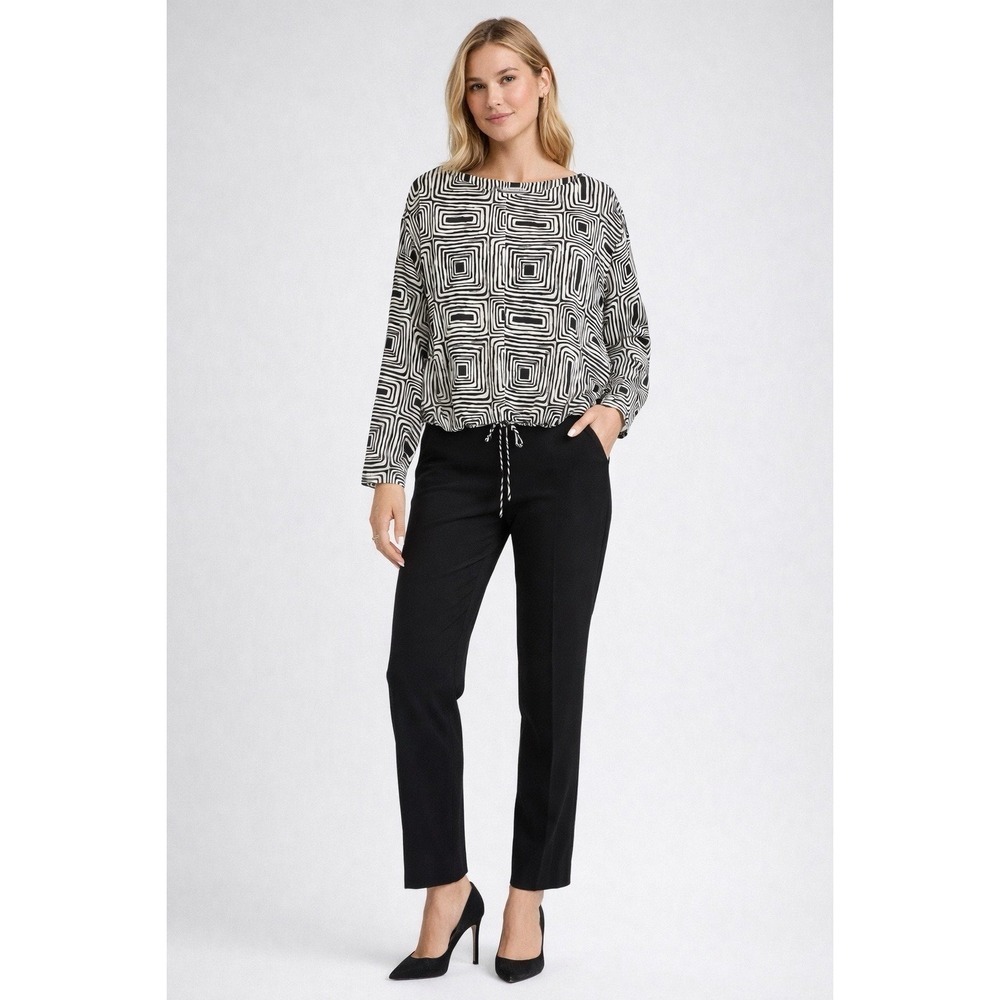 NWT ZARA M Blouse Womens Black/Beige Geometric Print Drawstring Casual Office